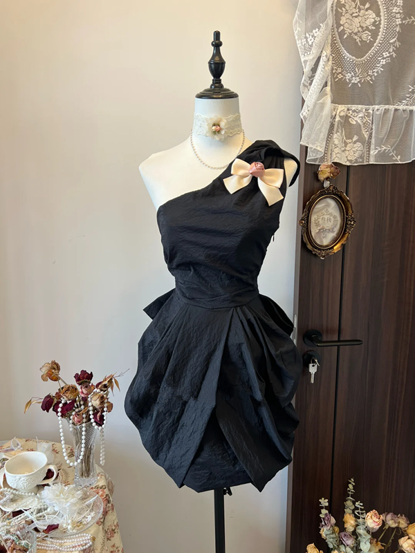 Black off-shoulder asymmetrical neckline, slim waist, bud skirt, short skirt, homecoming dress R4288