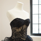 Black strapless lace dress with a fitted waist and full skirt, long ball gown R8541