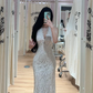 White halter-neck lace fitted waist elongated ball gown R7896