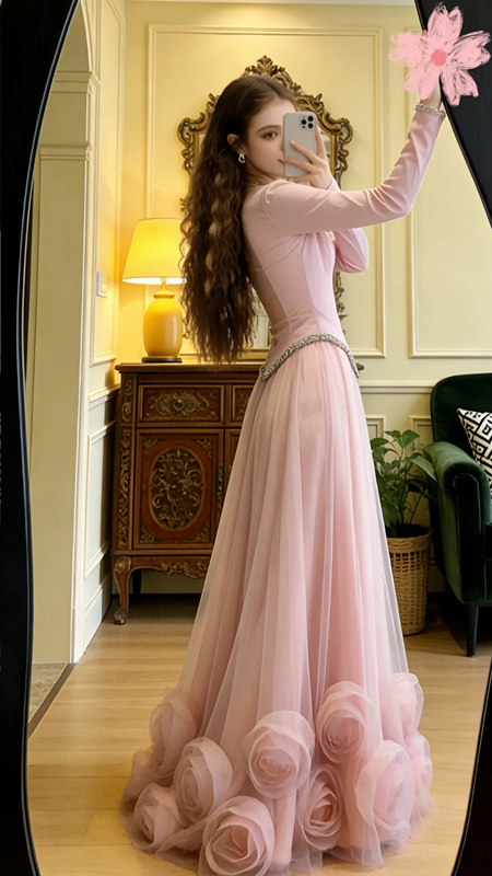 Light pink long-sleeved fitted long elegant ball gown/bridal dress R8602