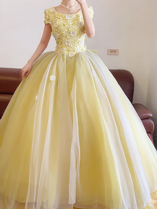 Pale Yellow Square-neck Waist-Cinched Puff-Skirt Ball Gown & Bridal Gown R7391