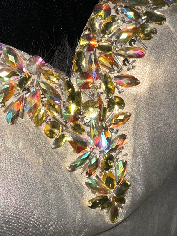 Champagne-colored halter-neck rhinestone-embellished fitted long ball gown R6868