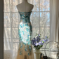 Light blue sequined strapless fitted waist bodycon fishtail long ball gown R7705