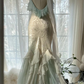 White fairy-like halter-neck fitted waist slim-fitting light green bodycon long ball gown R6550