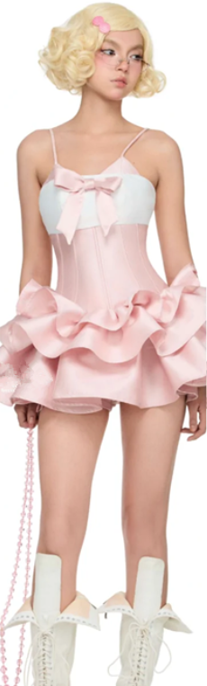 Pink suspenders slim waist sexy cake skirt short skirt homecoming dress R4490