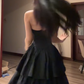 Sexy long black halter-neck, fitted waist, and asymmetrical tiered skirt for a ball gown R7776