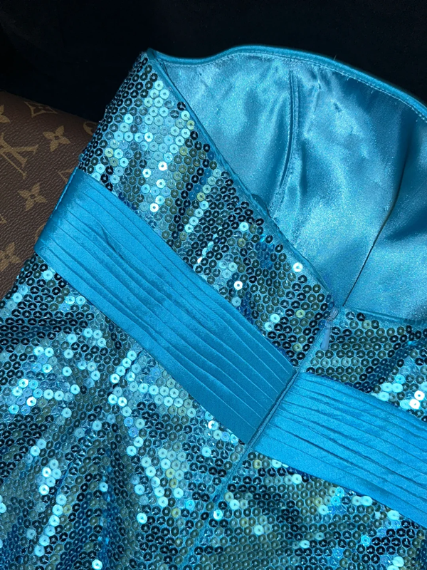 Blue strapless sequined fitted long ball gown R6989