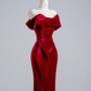 Deep red off-the-shoulder fitted waist bodycon long ball gown, bridal dress R8136