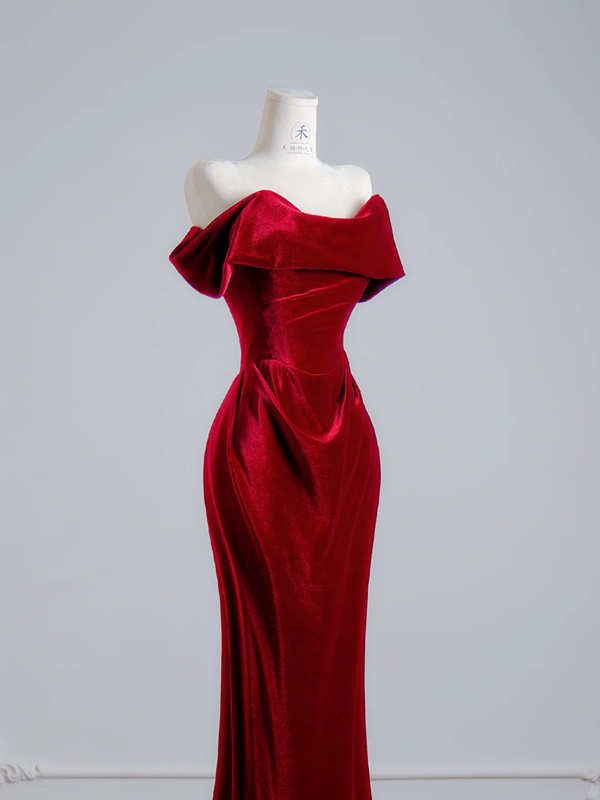 Deep red off-the-shoulder fitted waist bodycon long ball gown, bridal dress R8136