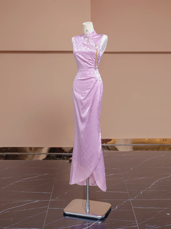 Light purple Chinese cheongsam, fitted waist, elegant ball gown/bridal dress R8300