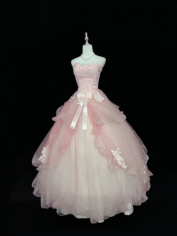 Light pink strapless, fitted waist, full skirt, long ball gown, bridal dress R9056