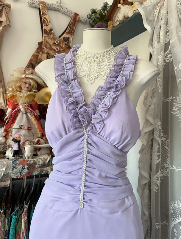 Purple halter-neck fitted long dress, ball gown R6349