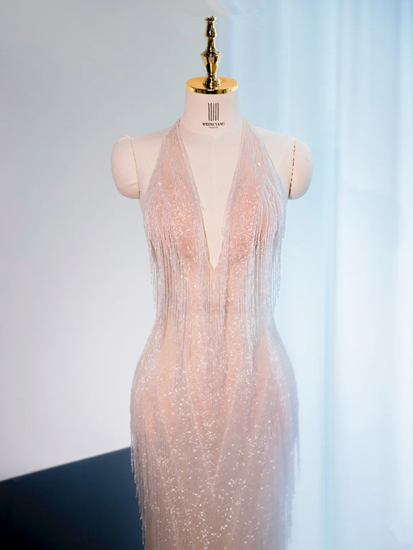 Light pink halter neck fitted waist long ball gown, bridal gown R8996