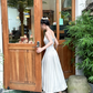 White spaghetti strap, waist-cinched, slim-fit long elegant prom dress R7975