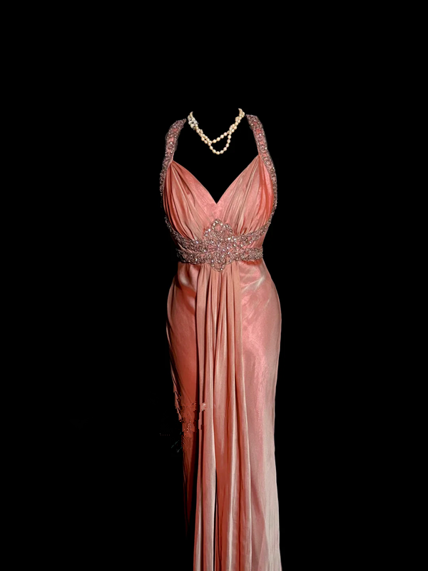 Orange halter-neck fitted backless sexy long ball gown R6670