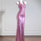 Light pink halter neck, fitted waist, sexy backless sequined long ball gown R8270