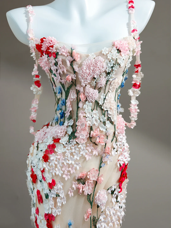 Pink suspender three-dimensional small flower waist slim hip long skirt, prom dress R5639