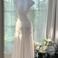Champagne white halter-neck fitted long ball gown R7625