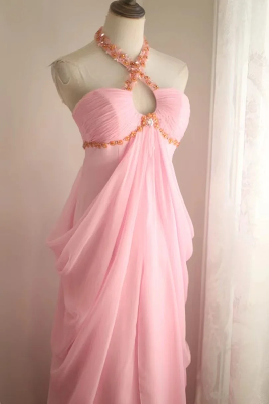 Pink halter neck high waist design long ball gown R6829