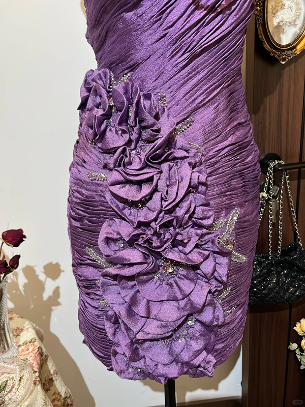 Purple asymmetrical neckline three-dimensional flower pleated waist hip sexy short skirt homecoming dress R4246
