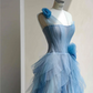 Blue one-shoulder slim waist cake skirt long dress, prom dress R5675
