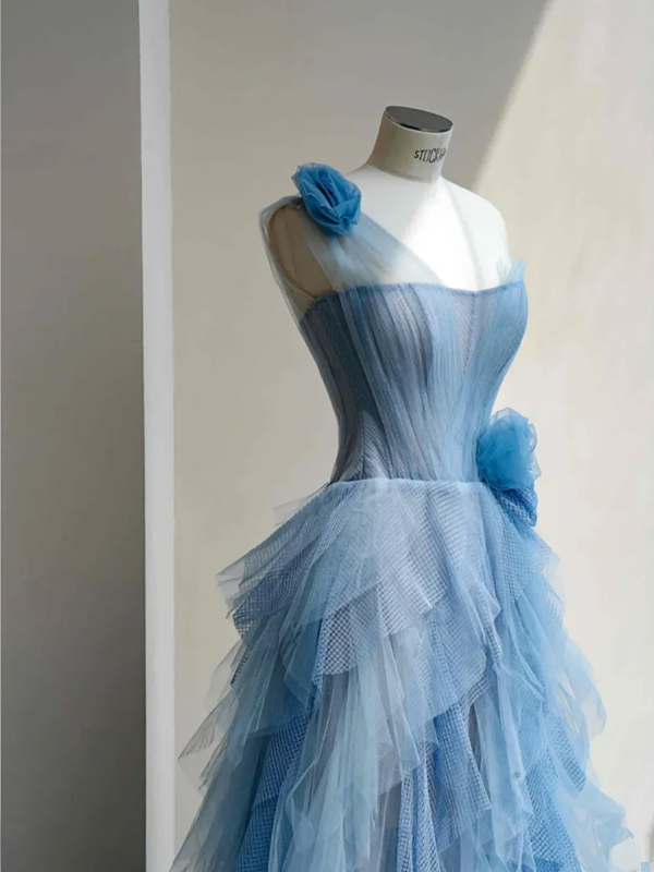 Blue one-shoulder slim waist cake skirt long dress, prom dress R5675