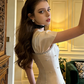 Light champagne-colored fitted A-line long ball gown R8572