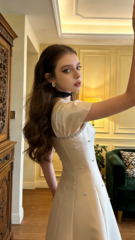 Light champagne-colored fitted A-line long ball gown R8572