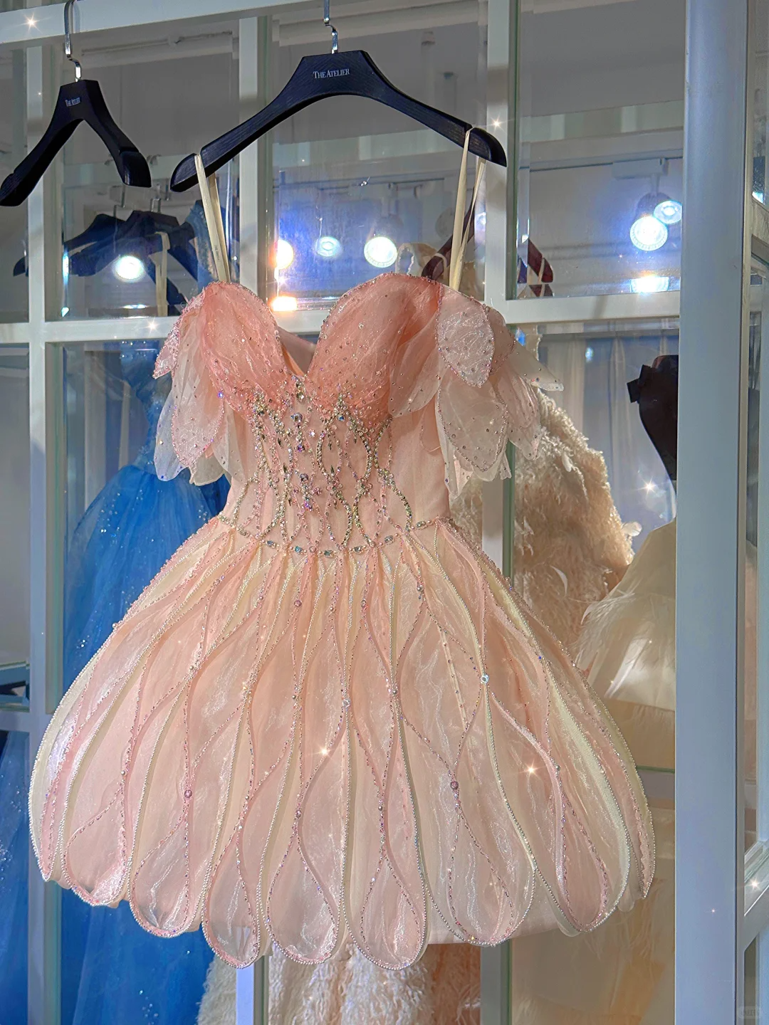 Pink suspenders, diamonds, waist-slimming, flower bud skirt, short skirt, homecoming dress R4170