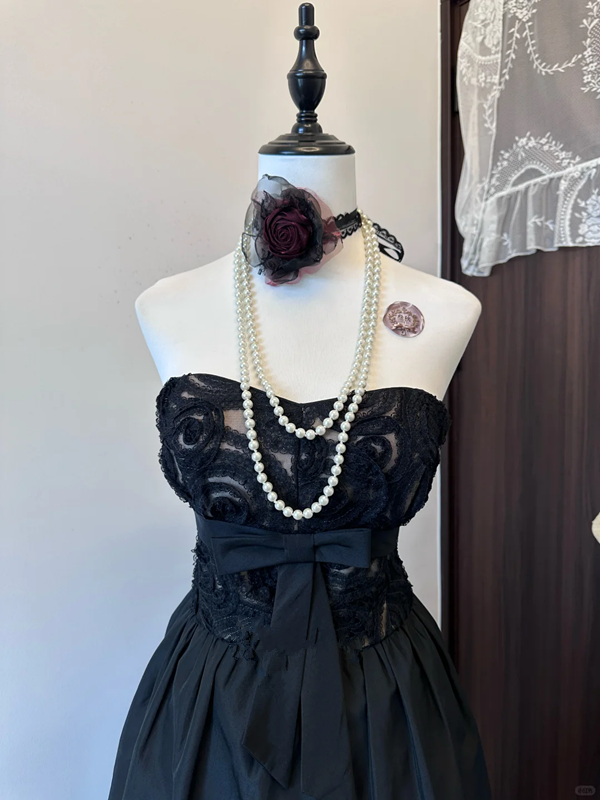 Black lace tube top high waist slim fit short skirt homecoming dress R4369