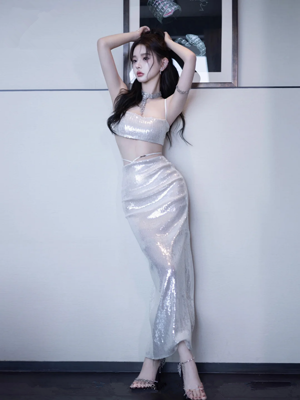 Silver Spaghetti Strap Bodycon Sexy Two-Piece Prom Dress R7109