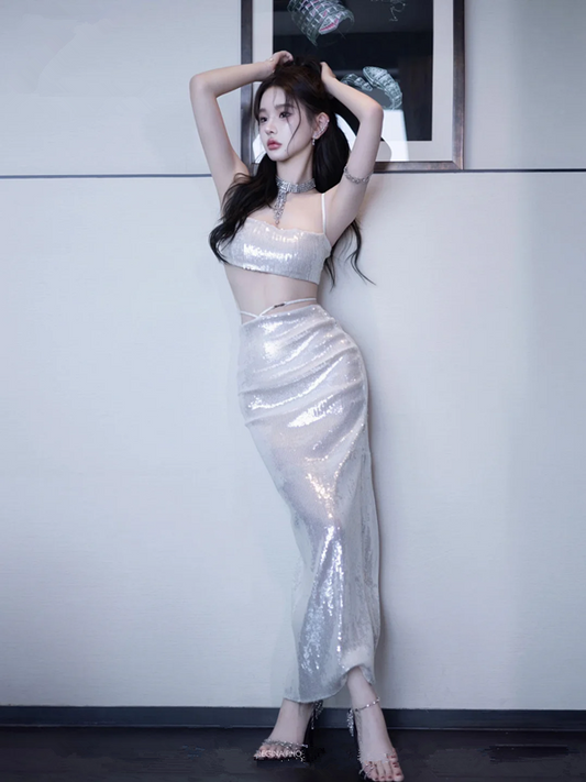 Silver Spaghetti Strap Bodycon Sexy Two-Piece Prom Dress R7109