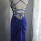Blue halter-neck backless sexy fitted long ball gown R6710