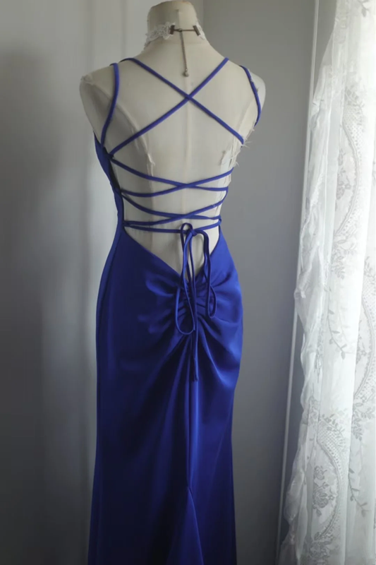 Blue halter-neck backless sexy fitted long ball gown R6710