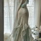 White fairy-like halter-neck fitted waist slim-fitting light green bodycon long ball gown R6550