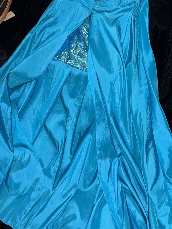 Blue strapless sequined fitted long ball gown R6989