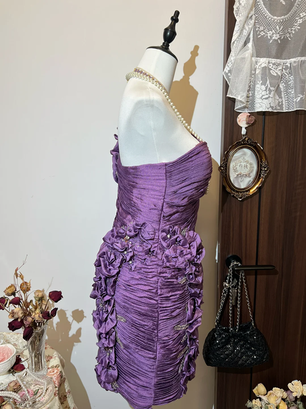 Purple asymmetrical neckline three-dimensional flower pleated waist hip sexy short skirt homecoming dress R4246