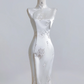 White cheongsam, fitted waist, slim hips, sexy long ball gown R8214