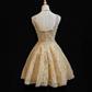 Gold lace hollow strap waist A-line princess short dress homecoming dress R4897