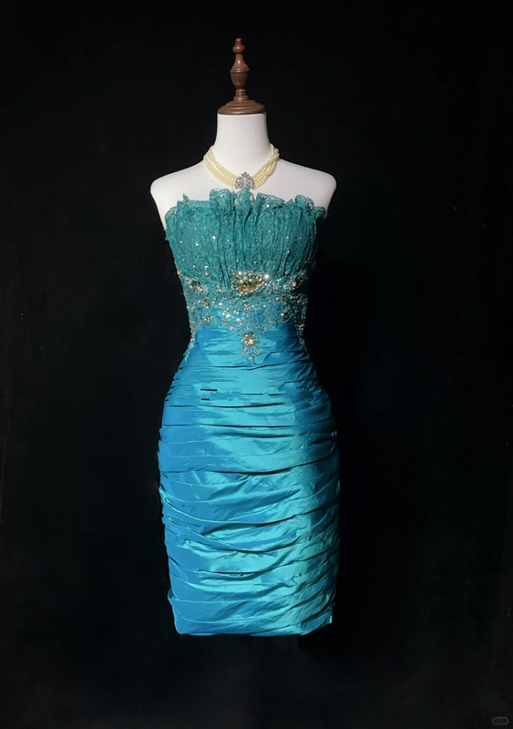 Lake blue tube top waist pleated hip skirt homecoming dress R4937