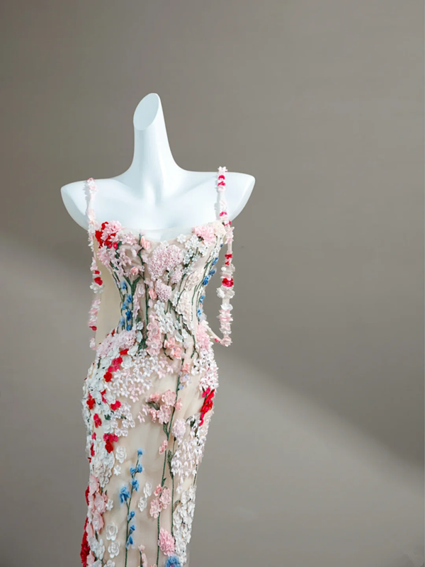 Pink suspender three-dimensional small flower waist slim hip long skirt, prom dress R5639