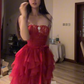 Red strapless, fitted waist, cake-style, irregular hem ball gown R7549