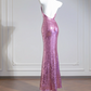 Light pink halter neck, fitted waist, sexy backless sequined long ball gown R8270
