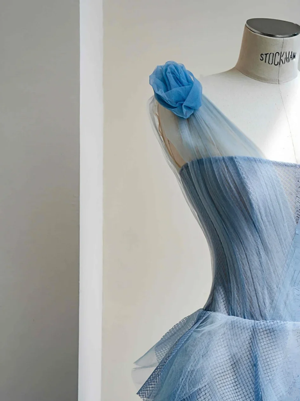 Blue one-shoulder slim waist cake skirt long dress, prom dress R5675