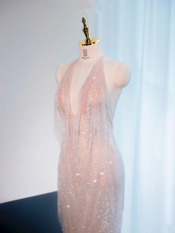 Light pink halter neck fitted waist long ball gown, bridal gown R8996