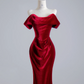 Deep red off-the-shoulder fitted waist bodycon long ball gown, bridal dress R8136