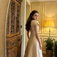 Light champagne-colored fitted A-line long ball gown R8572
