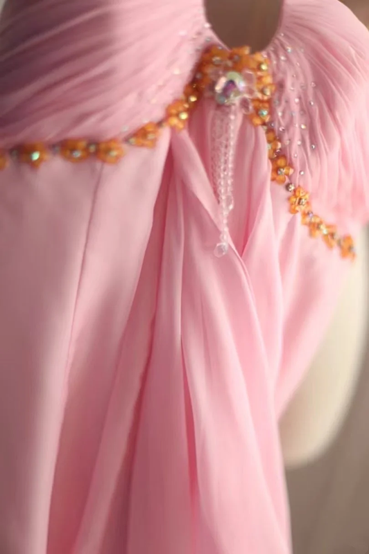 Pink halter neck high waist design long ball gown R6829