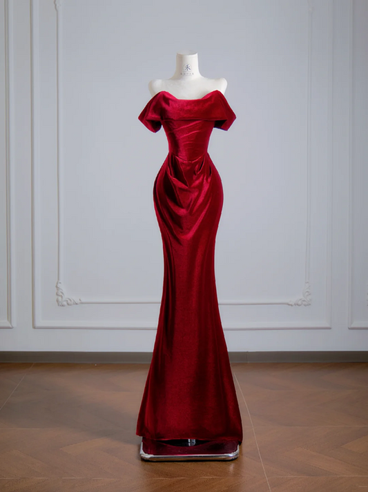 Deep red off-the-shoulder fitted waist bodycon long ball gown, bridal dress R8136