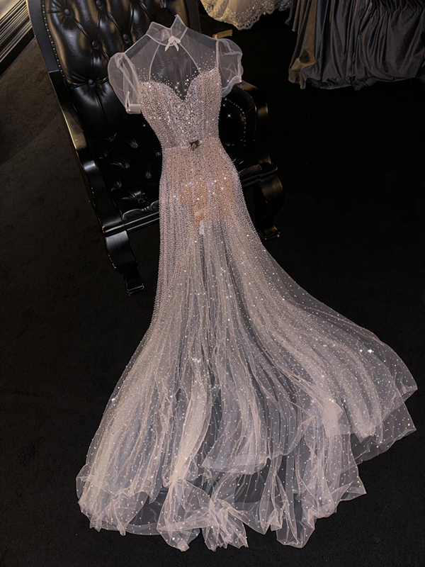 Light pink sequined fitted long ball gown/bridal dress R8816